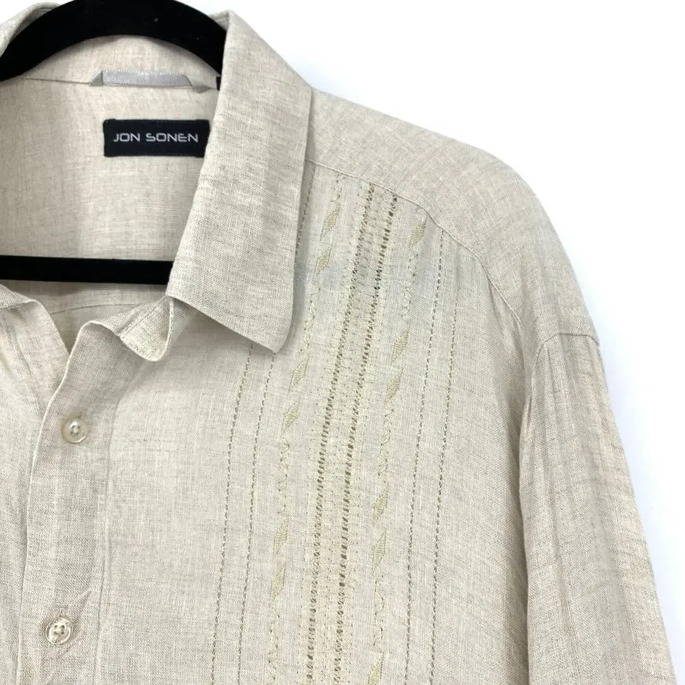 Jon Sonen Pointelle Button Down Shirt Womens Size XL Beige Linen Long Sleeve